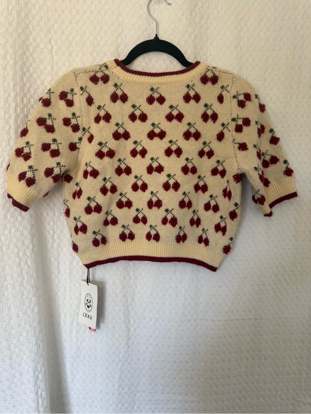 Cider Cherry Print Fuzzy Knit Sweater Cottagecore Coquette S NWT - Picture 3 of 6